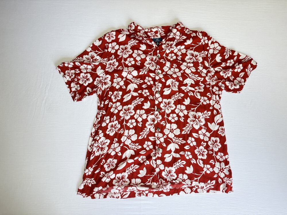 George Men's XL Hawaiian Shirt Red White Floral Camp Short Sleeve Dress